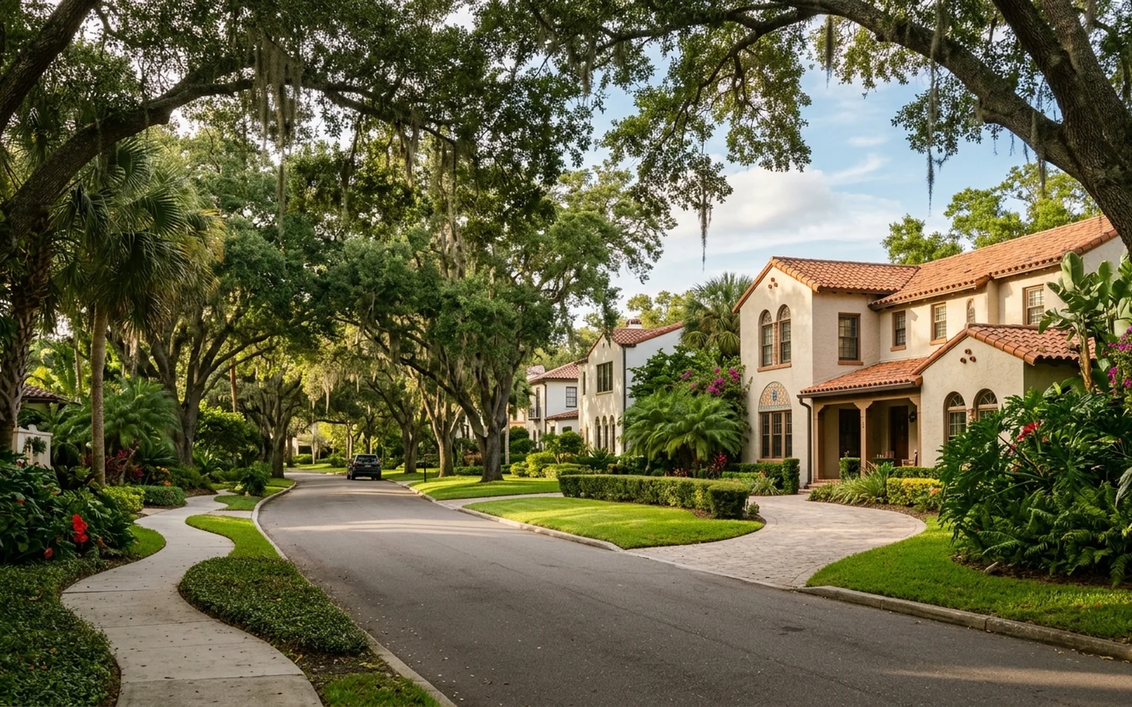 A quiet, tree-lined residential street in Belleair, FL