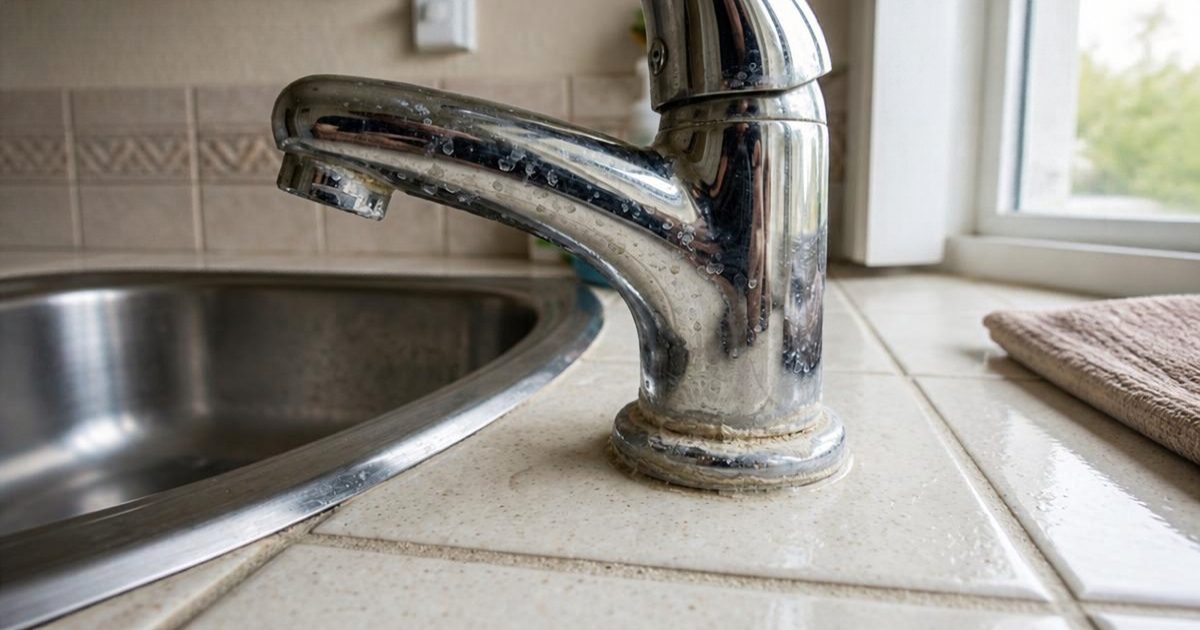 Close-up of mineral scale buildup on a faucet
